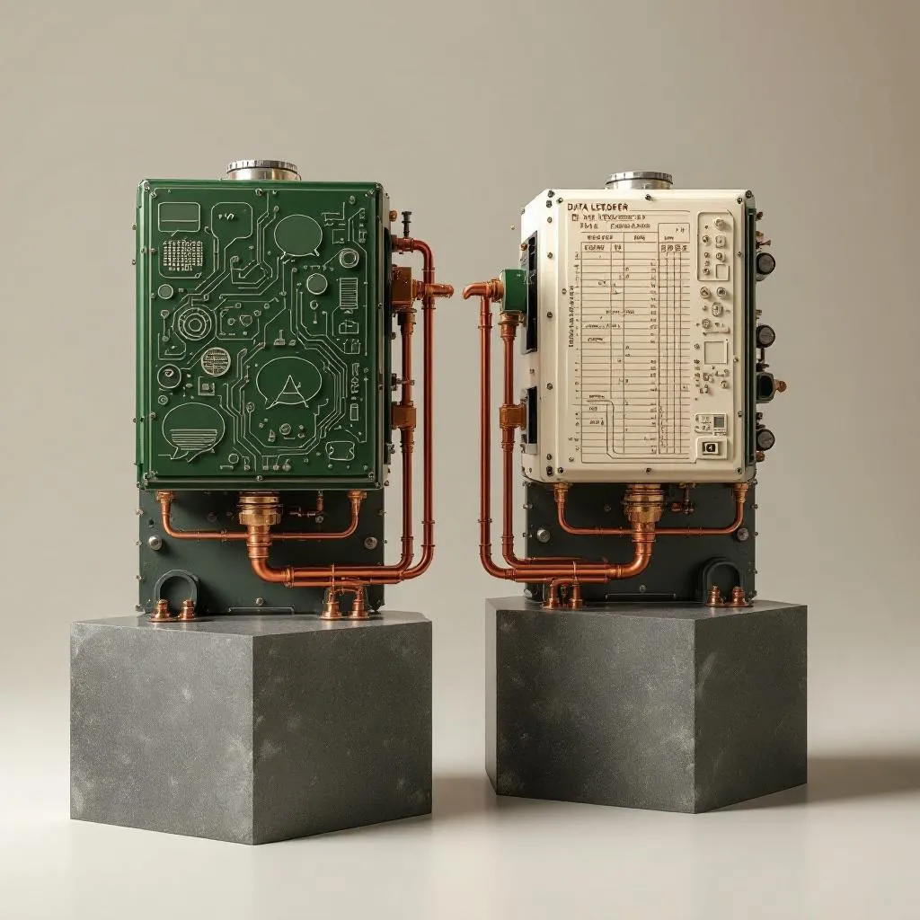 AI Interviews Replace Guesswork — Featured Image - SageScreen Two separated industrial machines representing the interviewer and evaluator systems in AI screening — a neo-industrial illustration of structured AI interview architecture