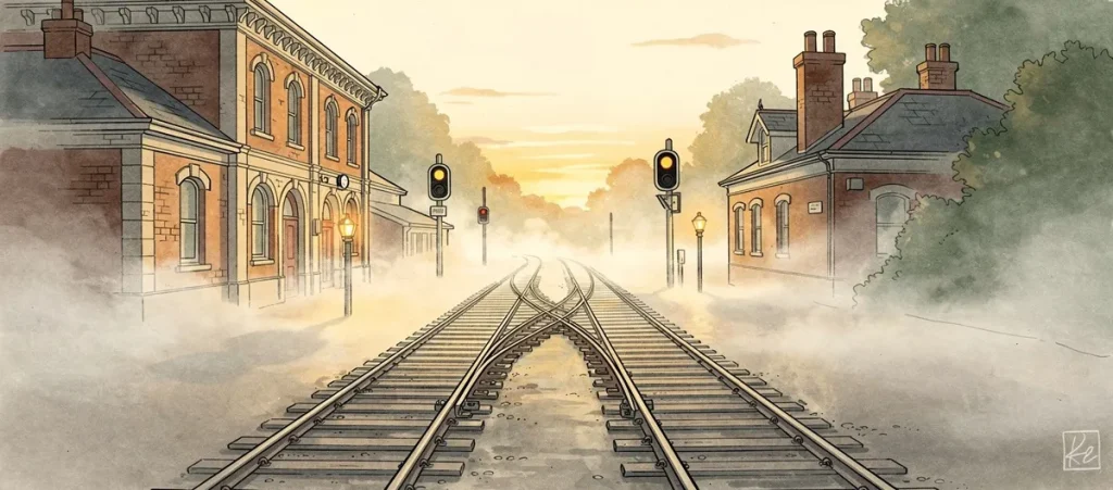 AI and Recruiter Collaboration Junction - SageScreen Two railway lines converging at a dawn junction with amber signal lamps, representing AI and human recruiter workflows merging into a single structured screening process
