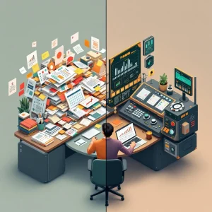 AI Screening Before and After — Recruiter Workflow - SageScreen Isometric neo-industrial illustration showing the contrast between analog resume chaos and structured AI screening data panels, representing the before and after of AI interview screening