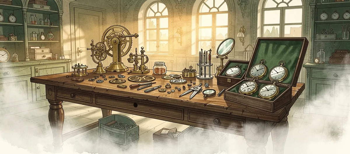 AI Screening Time Savings — Clockmaker's Atelier - SageScreen Elegant clockmaker's atelier with intricate gear mechanisms and timepieces on a workbench in golden morning light, representing precision time savings in AI candidate screening
