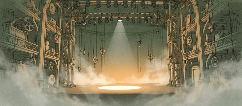 Grand theater stage with enormous automated machinery in the rigging and a single tiny spotlight on the empty center stage, representing the illusion of human oversight in AI hiring systems