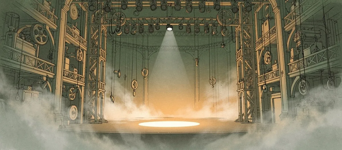 Human-in-the-Loop Theater — Automated Machinery - SageScreen Grand theater stage with enormous automated machinery in the rigging and a single tiny spotlight on the empty center stage, representing the illusion of human oversight in AI hiring systems