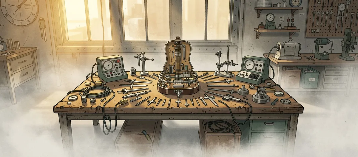 SageScreen Beta — Craftsperson's Workshop - SageScreen Master craftsperson's workshop with a prototype instrument on a workbench surrounded by fine measuring tools, golden morning light through industrial windows, representing SageScreen's deliberate ethical beta development