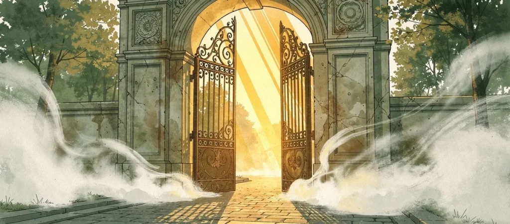 Grand entrance gate with ornate iron doors partially open at dawn, warm golden light spilling through from within and morning mist at the base of the stone pillars, representing SageScreen's imminent product launch