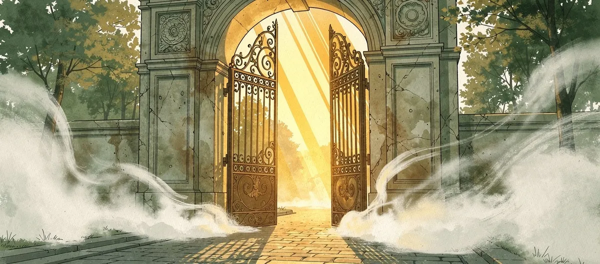 SageScreen Launch — Grand Entrance Gate at Dawn - SageScreen Grand entrance gate with ornate iron doors partially open at dawn, warm golden light spilling through from within and morning mist at the base of the stone pillars, representing SageScreen's imminent product launch