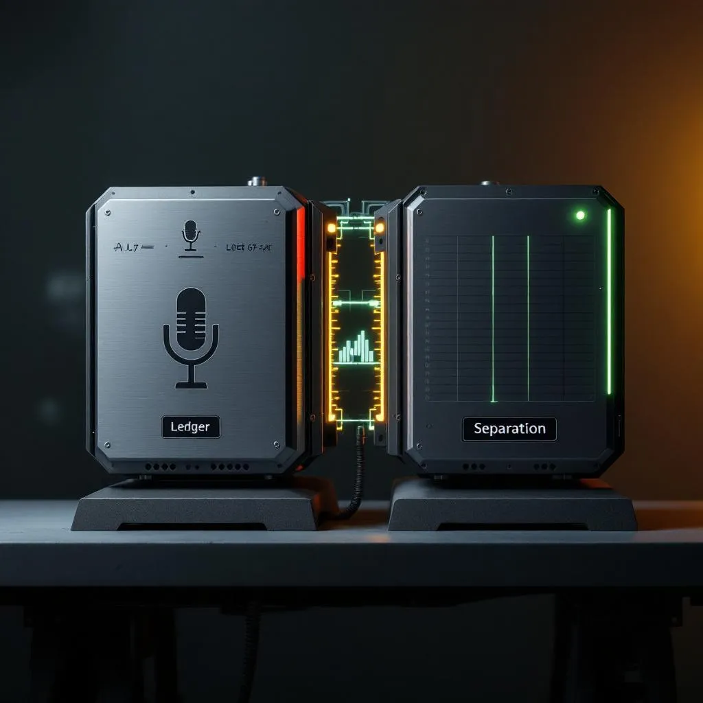 SageScreen Separation Principle — Two AI Systems - SageScreen Two distinct machined industrial systems with a visible separation gap between them, illustrating SageScreen's Separation Principle where the AI interviewer and evaluator never share a data pipeline