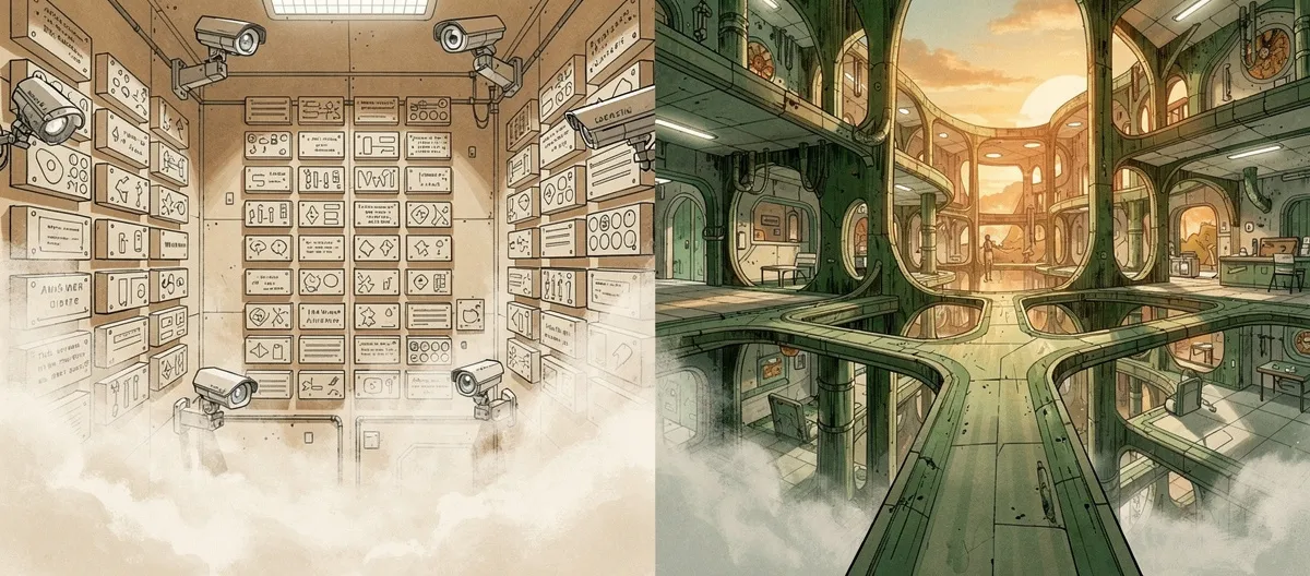 SageScreen vs Canditech Featured Image - SageScreen Illustrated comparison of gameable static skills tests with surveillance versus adaptive AI conversation — SageScreen vs Canditech