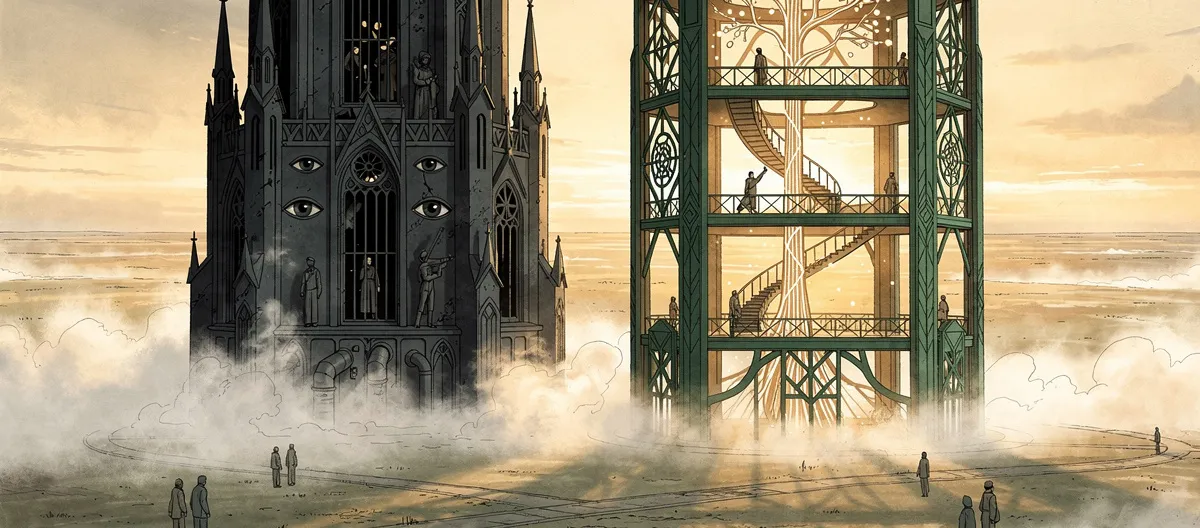 Illustrated comparison of HireVue and SageScreen as two contrasting towers in a misty golden hour landscape