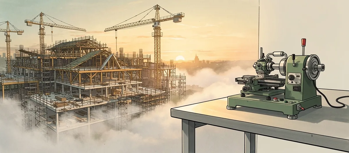Illustrated comparison of sprawling multi-crane construction site under simultaneous expansion versus a single precision instrument doing one thing with depth — SageScreen vs Humanly AI