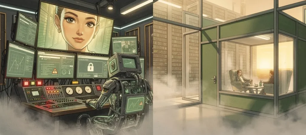 SageScreen vs micro1 Featured Image - SageScreen Illustrated comparison of surveillance-heavy synthetic avatar data harvesting studio versus transparent honest AI conversation space — SageScreen vs micro1