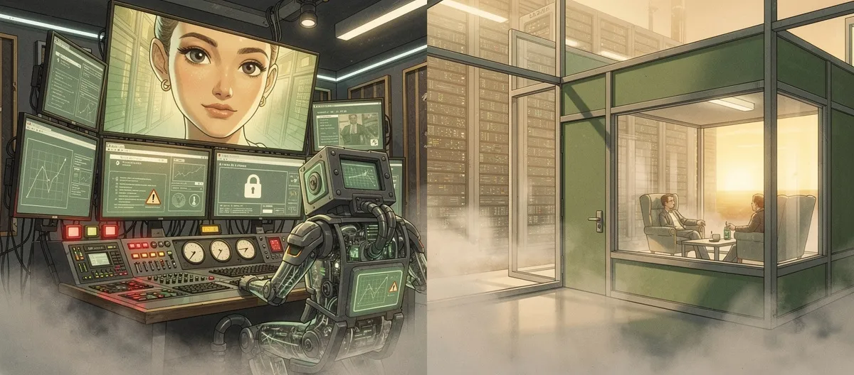 Illustrated comparison of surveillance-heavy synthetic avatar data harvesting studio versus transparent honest AI conversation space — SageScreen vs micro1
