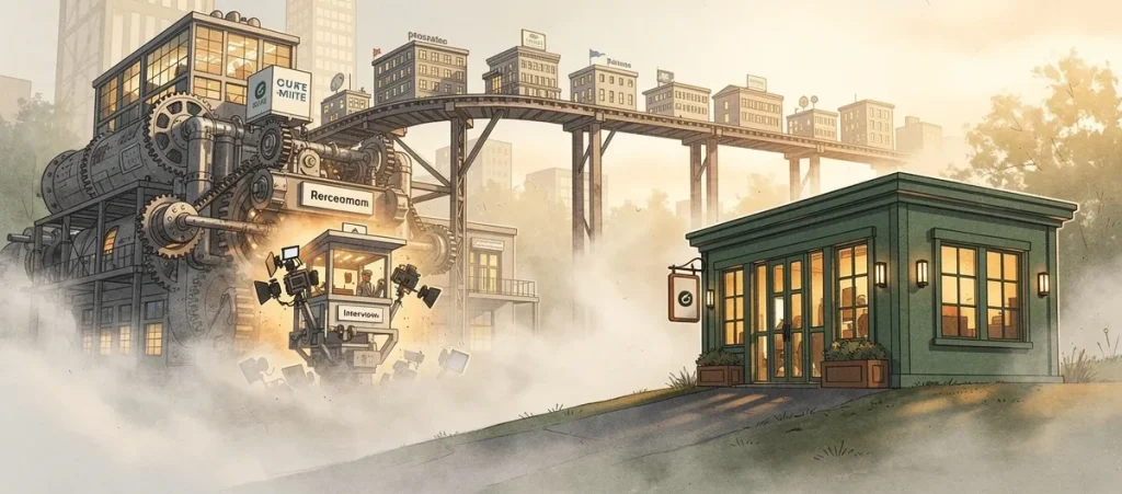 SageScreen vs myInterview Featured Image - SageScreen Steampunk-style factory with large gears and steam beside a green storefront on a hill, city buildings in the background.