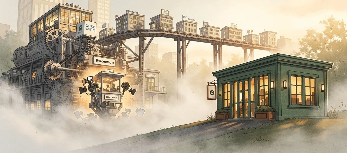 SageScreen vs myInterview Featured Image - SageScreen Steampunk-style factory with large gears and steam beside a green storefront on a hill, city buildings in the background.