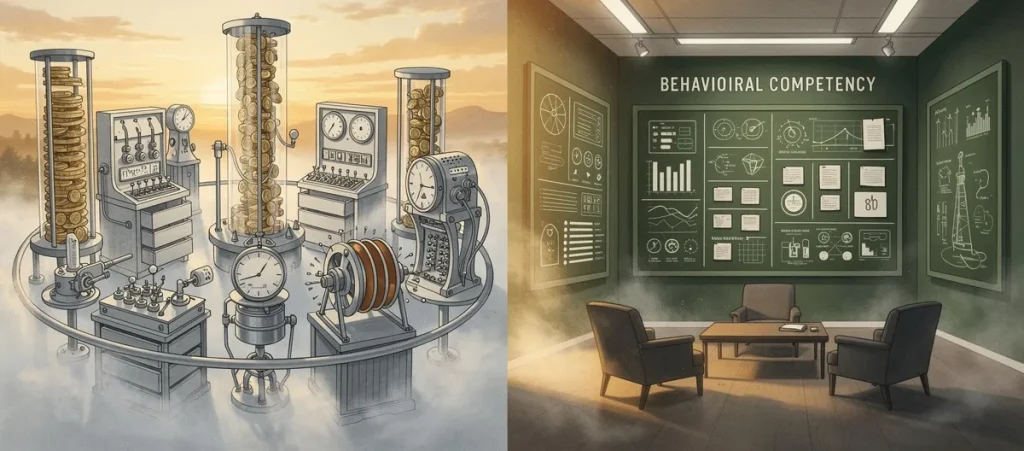 Illustrated comparison of neuroscience game carnival measuring micro-behaviors versus structured behavioral competency interview — SageScreen vs Pymetrics