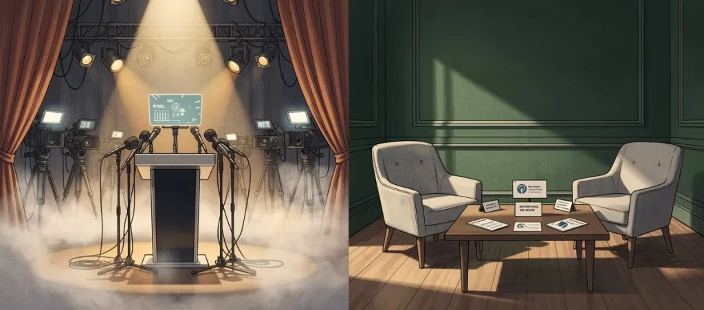 SageScreen vs Spark Hire Featured Image - SageScreen Illustrated comparison of recorded video performance stage versus warm adaptive conversation setting — SageScreen vs Spark Hire