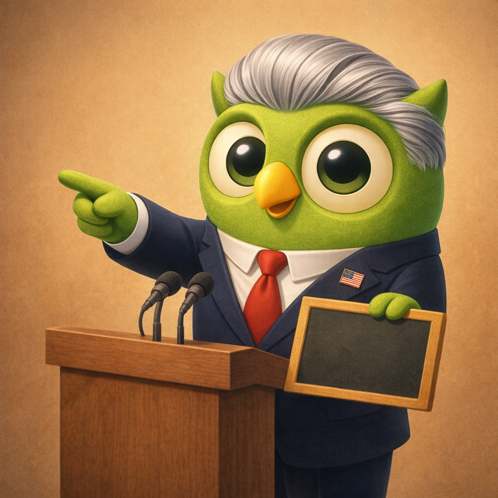 Theo the SageScreen owl dressed as Ronald Reagan at a podium, pointing confidently