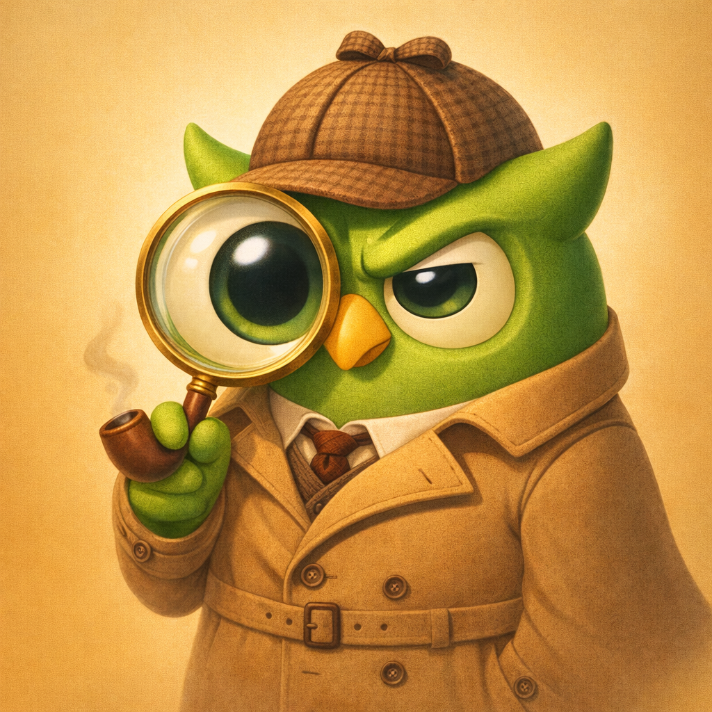 Theo the SageScreen owl dressed as Sherlock Holmes with a deerstalker hat and a giant magnifying glass