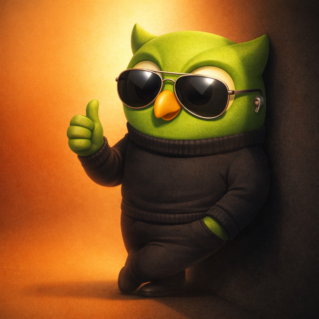 Theo the SageScreen owl dressed as a spy in a black turtleneck and aviator sunglasses, giving a thumbs up
