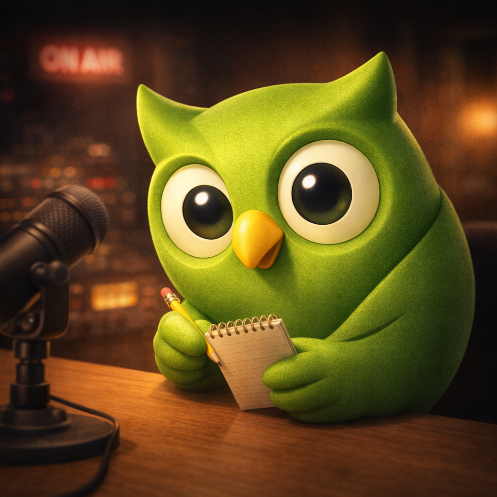 Theo the owl mascot wearing reading glasses reviewing a document at a broadcast desk, SageScreen AI screening