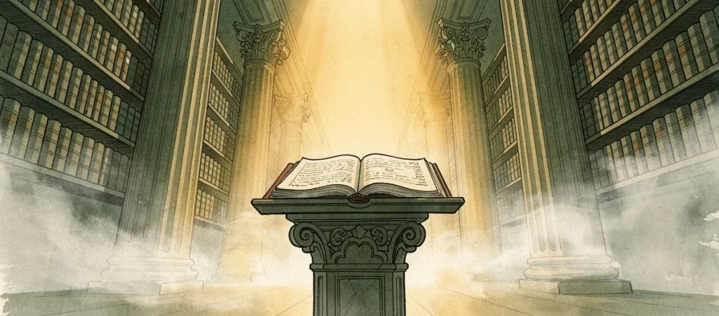 Grand legislative archive hall with towering document shelves and golden morning light illuminating an open ledger, representing the trust but verify principle in modern candidate screening