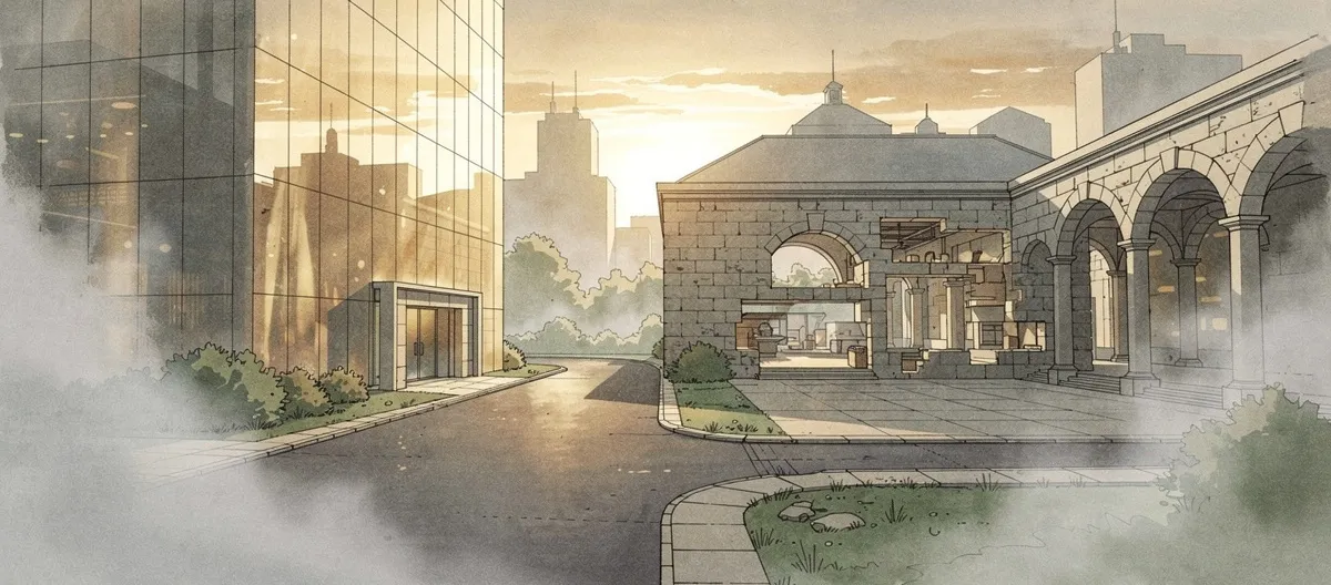 Vendor Evaluation Crossroads - SageScreen Two diverging city paths: one leading to an opaque glass facade, the other into an open courtyard with visible architectural depth — illustrating AI vendor evaluation and asking hard questions